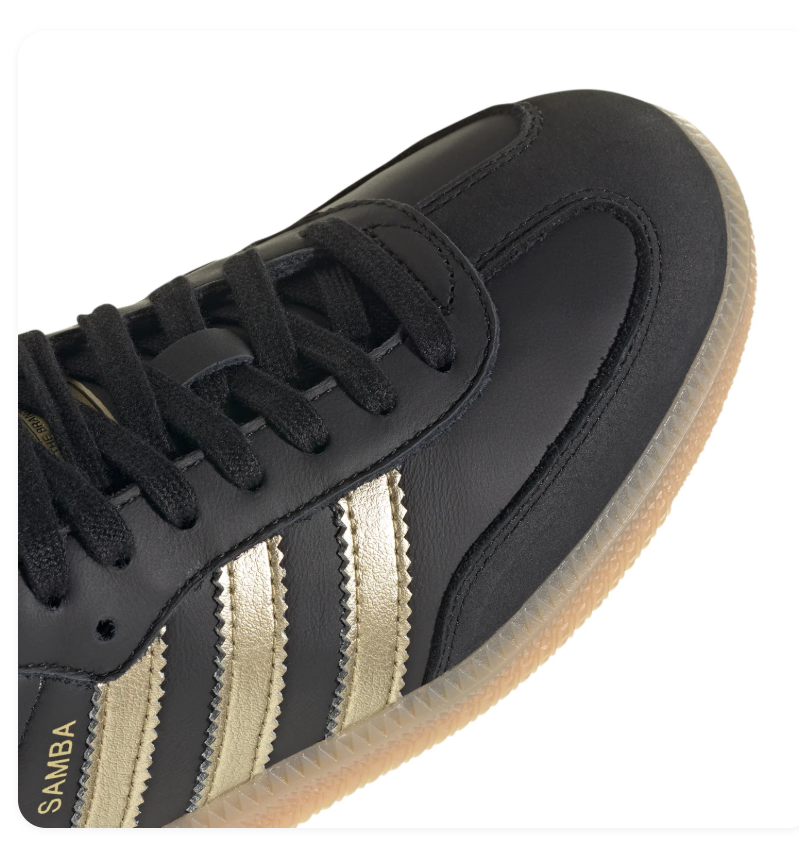 Adidas Samba OG 'Core Black & Gold Metallic' All-Black Leather, Black Suede Toe Cap, Gold Metallic 3-Stripes, Gold Heel Tab, Gold SAMBA Lettering, Blue OG Tongue Label & Gum Outsole Luxe Retro Football Lifestyle Sneakers