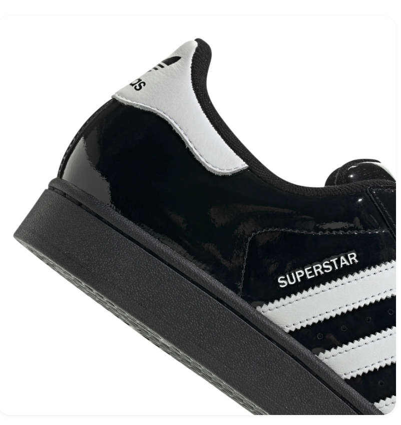 Adidas Superstar 'Core Black Patent' Glossy Black Patent Leather Upper, White 3-Stripes, Black Shell Toe, Black Flat Laces, White Heel Branding & Black Cupsole Midsole High-Gloss Luxe Retro Basketball Lifestyle Sneakers