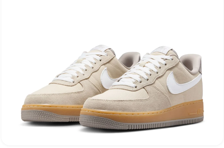 Nike Air Force 1 Low '07 'Sanddrift & Pale Ivory' Mixed Suede Canvas, White Swoosh & Team Gold Gum Midsole Earthy Toned Classic AF1 Sneakers