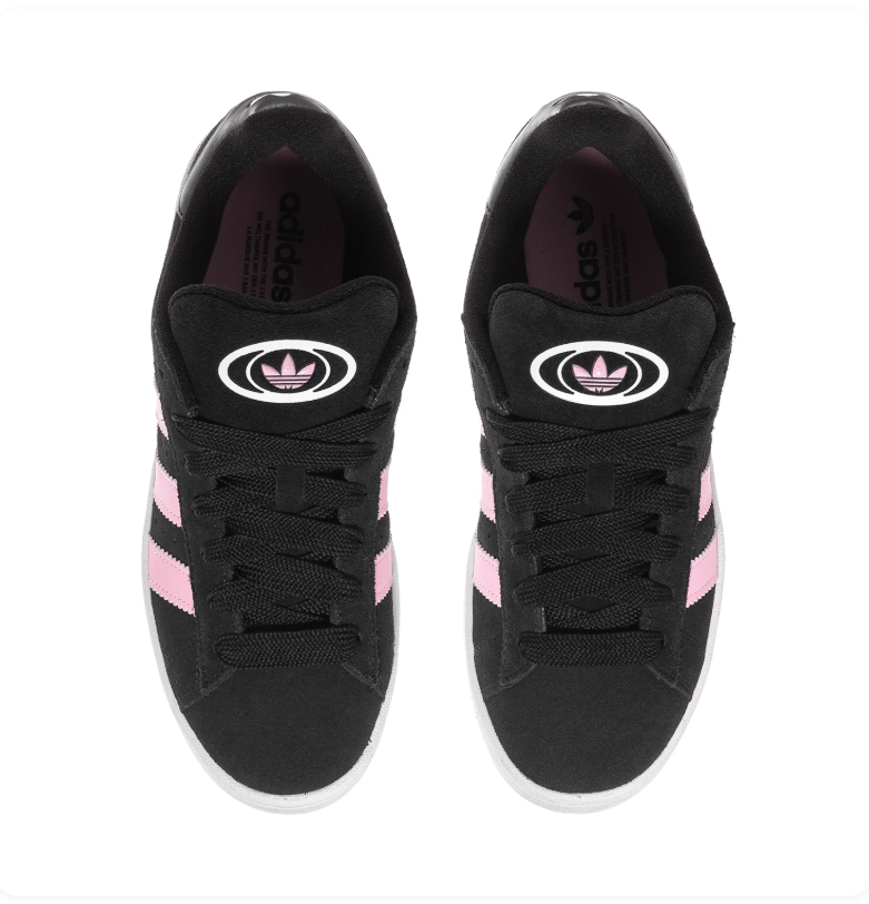 Adidas Campus 00s 'Core Black & Clear Pink' Black Suede, Pink 3-Stripes, Oval Trefoil Badge, CAMPUS Lettering, Black Heel Tab & White Cupsole Retro Y2K Lifestyle Sneakers