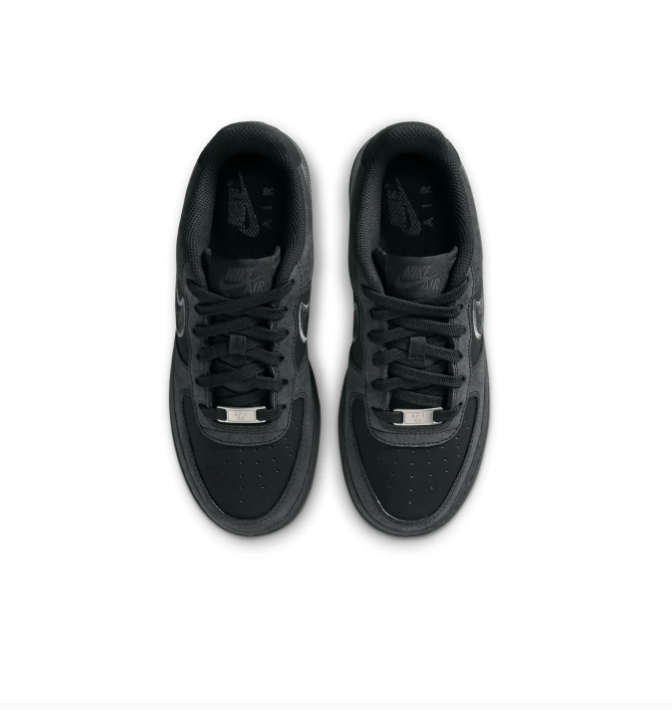 Nike Air Force 1 Low GS 'Triple Black / Anthracite' All-Black Suede, Anthracite Swoosh, Metal AF1 Dubrae & Full Black Midsole Outsole Kids' Stealth Sneakers