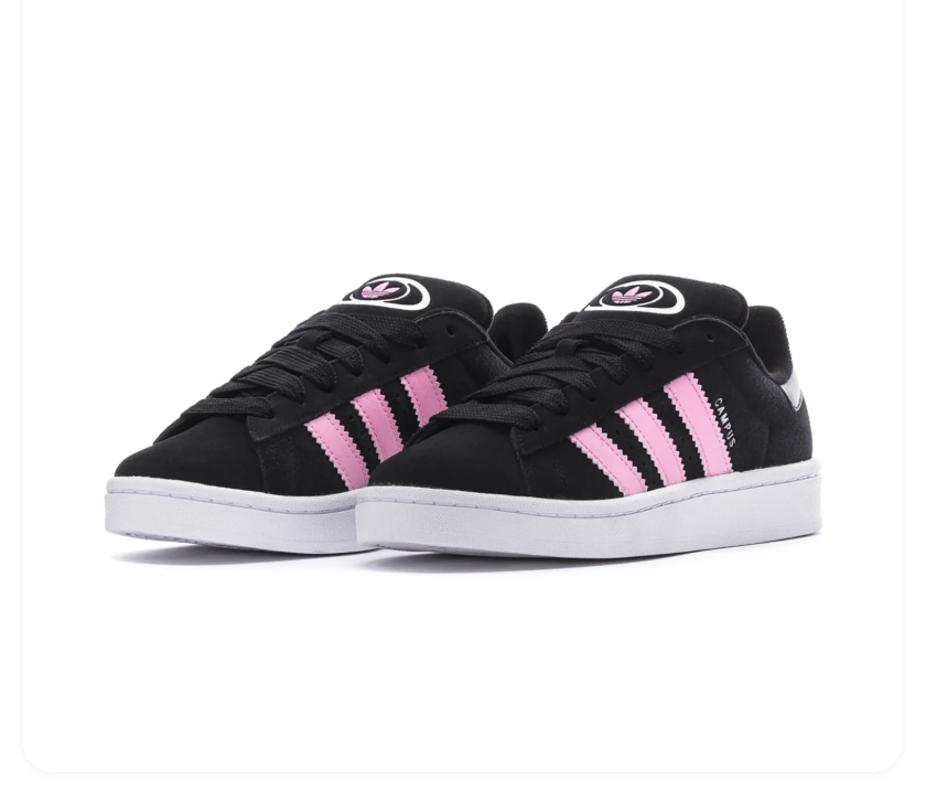 Adidas Campus 00s 'Core Black & Clear Pink' Black Suede, Pink 3-Stripes, Oval Trefoil Badge, CAMPUS Lettering, Black Heel Tab & White Cupsole Retro Y2K Lifestyle Sneakers