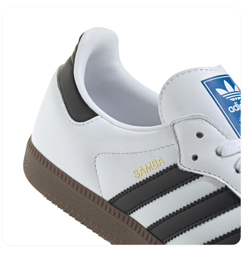 Adidas Samba OG 'Cloud White & Core Black' White Leather, Black 3-Stripes, Clear Granite Suede Toe Cap, Blue OG Tongue Label & Gum Outsole Iconic Retro Football Lifestyle Sneakers