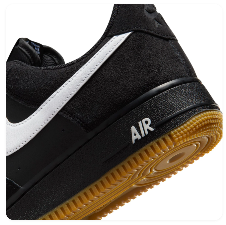 Nike Air Force 1 Low '07 'Black, White & Gum' All-Black Leather, White Swoosh & Gum Rubber Outsole Sneakers