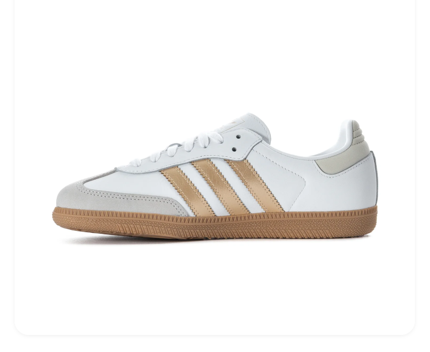 Adidas Samba OG 'Cloud White & Gold Metallic' White Leather, Clear Granite Suede Toe Cap, Gold Metallic 3-Stripes, White Heel Tab, Blue OG Tongue Label & Gum Outsole Elegant Luxe Retro Football Lifestyle Sneakers