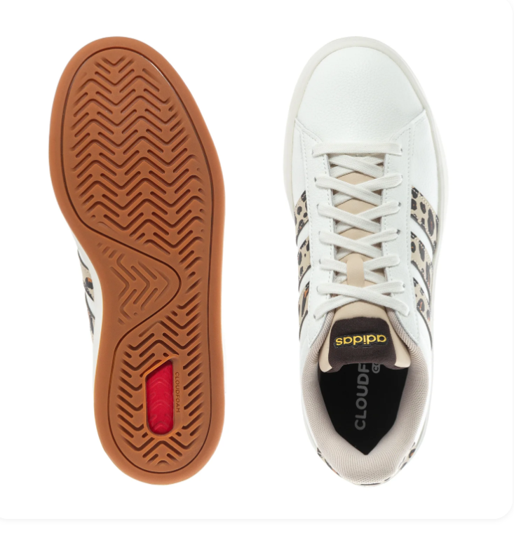 Adidas Grand Court SE 'Leopard' White Leather Upper, Leopard Print Side Panel, White 3-Stripes, Leopard Heel Tab with Gold Adidas Logo, Black Collar Lining, White Laces & Gum Outsole Animal Print Tennis Lifestyle Sneakers