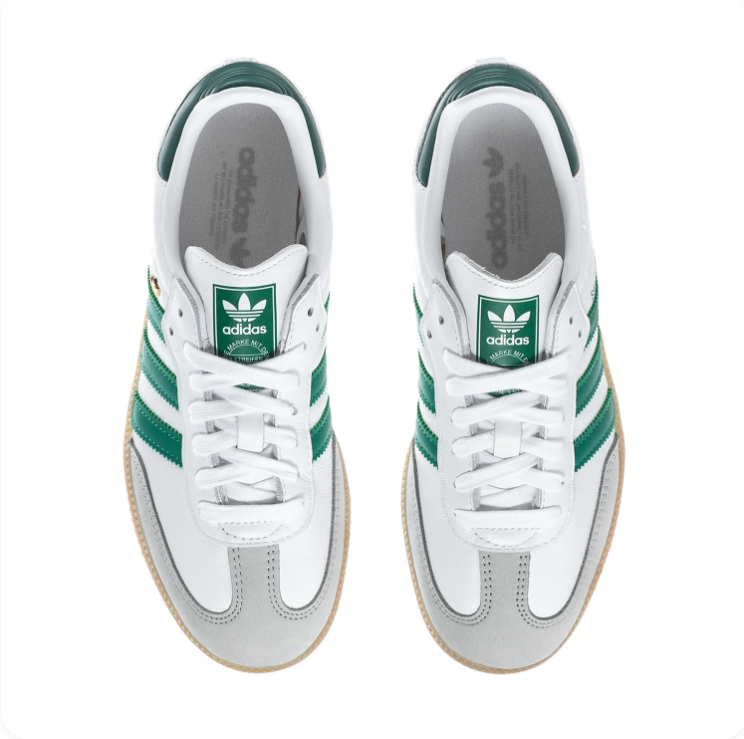 Adidas Samba OG 'Cloud White & Collegiate Green' White Leather Upper, Green 3-Stripes, Grey Suede T-Toe Overlay, Green Heel Patch, Gold SAMBA Lettering & Gum Rubber Outsole Iconic Indoor Football Heritage Lifestyle Sneakers