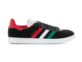 Adidas Gazelle 'Italy Tricolore' Core Black Suede Upper, Tri-Color Red-White-Green 3-Stripes, Red Leather Heel Collar, White Laces, Gold GAZELLE Lettering, Green Trefoil Tongue & White EVA Midsole Heritage Football Nation Lifestyle Sneakers