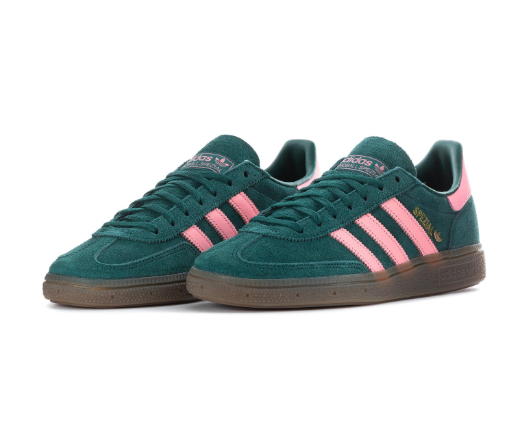 Adidas Handball Spezial 'Collegiate Green & Light Pink' Green Suede Upper, Pink 3-Stripes & Heel Collar, Green Flat Laces, Gold SPEZIAL Lettering & Gum Rubber Outsole Bold Contrast Heritage Handball Lifestyle Sneakers
