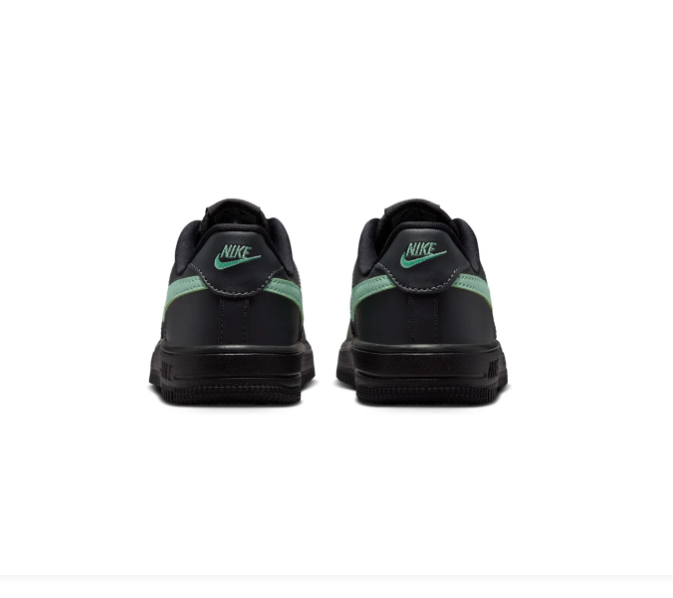 Nike Air Force 1 Low (GS) 'Black & Jade Smoke' All-Black Leather, Jade Smoke Swoosh & Tonal Triple Black AF1 Kids Youth Sneakers