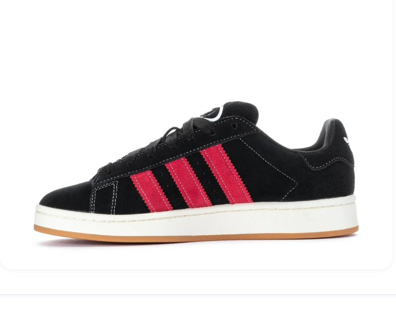 Adidas Campus 00s 'Black & Better Scarlet' All-Black Suede, Red Suede 3-Stripes, White CAMPUS Embroidery, Oval Trefoil Tongue Badge, Off-White Midsole & Gum Outsole Bold Y2K Collegiate Lifestyle Sneakers