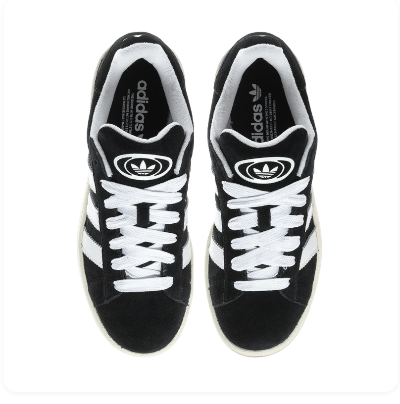 Adidas Campus 00s 'Black & Cloud White' All-Black Suede, White 3-Stripes, Oval Trefoil Tongue Badge, Off-White Midsole & Gum Outsole Retro Y2K Collegiate Lifestyle Sneakers