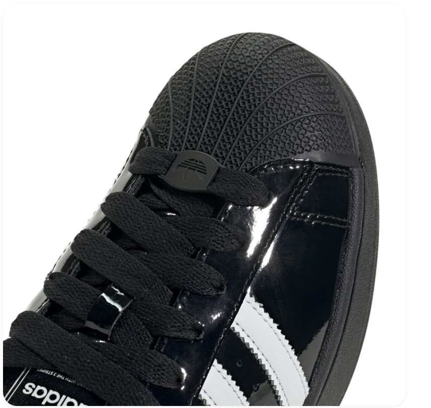 Adidas Superstar 'Core Black Patent' Glossy Black Patent Leather Upper, White 3-Stripes, Black Shell Toe, Black Flat Laces, White Heel Branding & Black Cupsole Midsole High-Gloss Luxe Retro Basketball Lifestyle Sneakers
