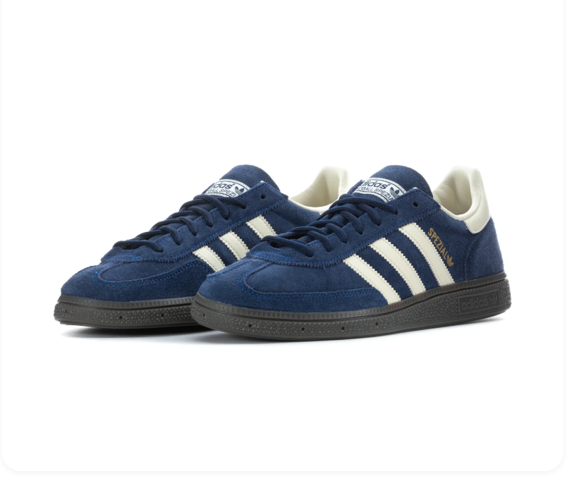 Adidas Handball Spezial 'Navy & Cream White' Navy Suede Upper, Cream White 3-Stripes & Collar, Navy Flat Laces, Gold SPEZIAL Side Lettering & Black Rubber Outsole Classic Heritage Handball Lifestyle Sneakers