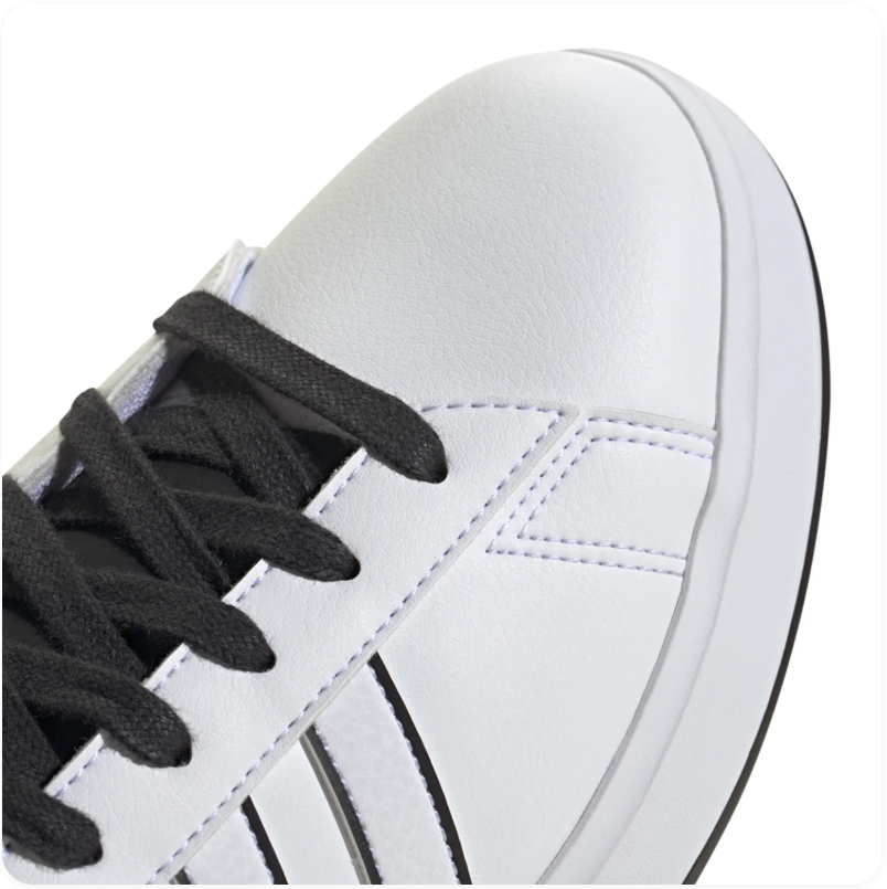 Adidas Grand Court 2.0 'Cloud White & Core Black' White Leather Upper, Black 3-Stripes, Black Round Laces, Black Collar, White adidas Heel Lettering, Clean White Midsole & Black Rubber Outsole Classic Tennis-Inspired Everyday Lifestyle Sneakers