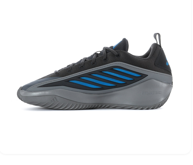 Adidas Own The Game 3 'Carbon & Bright Blue' Black Mesh Upper, Bright Blue 3-Stripes, Blue Trefoil Heel Branding, Grey Pull Tab, Chunky Grey OwnTheGame Midsole & Grey Rubber Outsole High-Performance Basketball Sneakers
