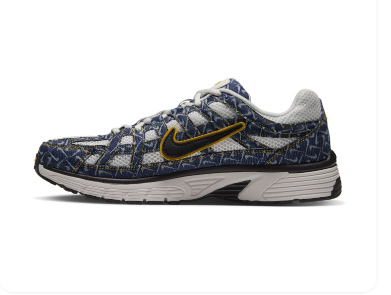 Nike P-6000 'Navy & University Gold' All-Over Swoosh Monogram Print, Gold Outlined Swoosh & White Midsole Retro Y2K Running Sneakers