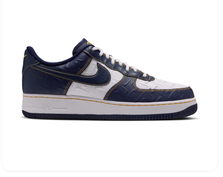 Nike Air Force 1 Low '07 'Midnight Navy & White' Navy Croc-Embossed Leather, White Panel, Gold Contrast Stitching, Navy Swoosh & Navy Outsole Premium Collegiate Sneakers