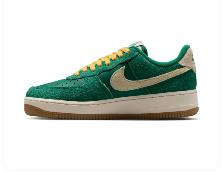 Nike Air Force 1 Low '07 LV8 'Malachite & Sail' Cracked Green Suede, Sail Swoosh, University Gold Laces & Gum Outsole Vintage AF1 Sneakers