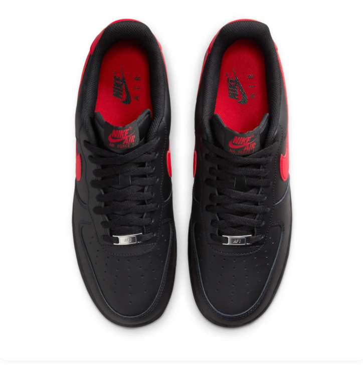 Nike Air Force 1 Low '07 'Black & University Red' Bred All-Black Leather, Red Swoosh, Red Collar Lining, AF1 Metal Dubraes & Full Red Outsole Bold Streetwear Sneakers