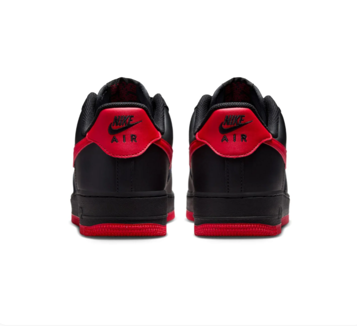Nike Air Force 1 Low '07 'Black & University Red' Bred All-Black Leather, Red Swoosh, Red Collar Lining, AF1 Metal Dubraes & Full Red Outsole Bold Streetwear Sneakers
