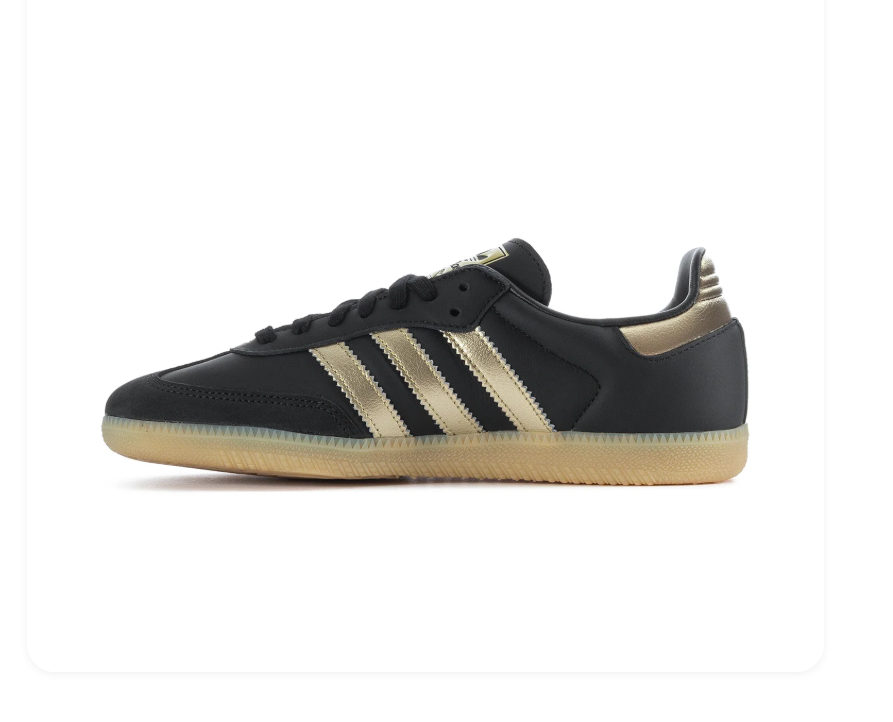 Adidas Samba OG 'Core Black & Gold Metallic' All-Black Leather, Black Suede Toe Cap, Gold Metallic 3-Stripes, Gold Heel Tab, Gold SAMBA Lettering, Blue OG Tongue Label & Gum Outsole Luxe Retro Football Lifestyle Sneakers