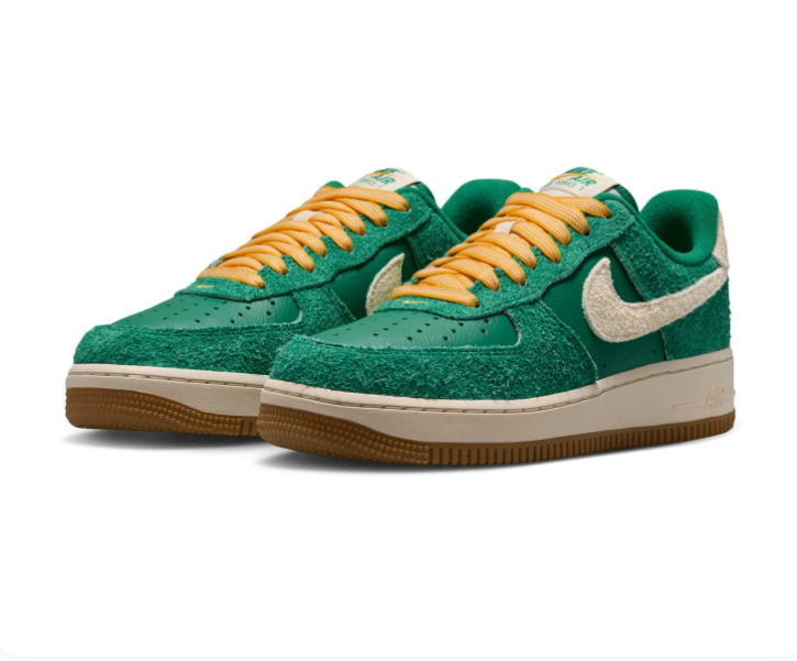 Nike Air Force 1 Low '07 LV8 'Malachite & Sail' Cracked Green Suede, Sail Swoosh, University Gold Laces & Gum Outsole Vintage AF1 Sneakers