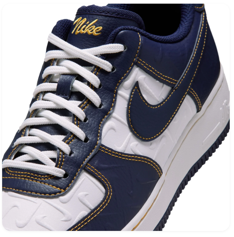 Nike Air Force 1 Low '07 'Midnight Navy & White' Navy Croc-Embossed Leather, White Panel, Gold Contrast Stitching, Navy Swoosh & Navy Outsole Premium Collegiate Sneakers