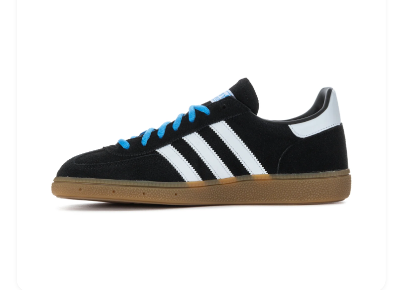 Adidas Handball Spezial 'Core Black & Bright Blue' Black Suede Upper, White 3-Stripes, White Leather Collar, Bright Blue Round Laces, Blue SPEZIAL Lettering & Gum Rubber Outsole Bold Heritage Handball Lifestyle Sneakers
