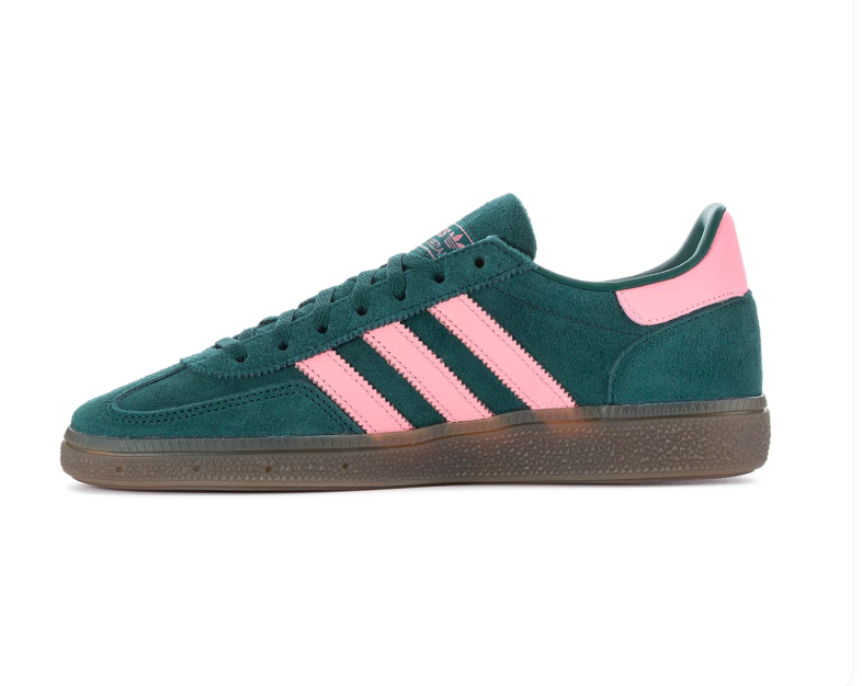 Adidas Handball Spezial 'Collegiate Green & Light Pink' Green Suede Upper, Pink 3-Stripes & Heel Collar, Green Flat Laces, Gold SPEZIAL Lettering & Gum Rubber Outsole Bold Contrast Heritage Handball Lifestyle Sneakers