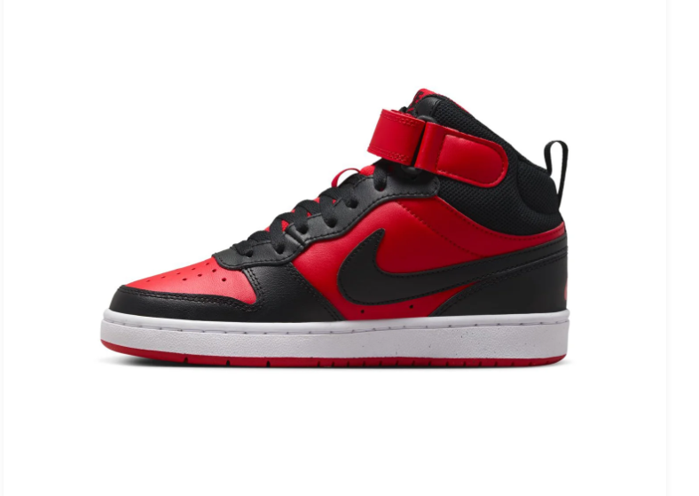 Nike Court Borough Mid 2 (GS) 'Bred' Black & University Red Leather, Black Swoosh & Velcro Ankle Strap Kids Youth Mid-Top Court Sneakers