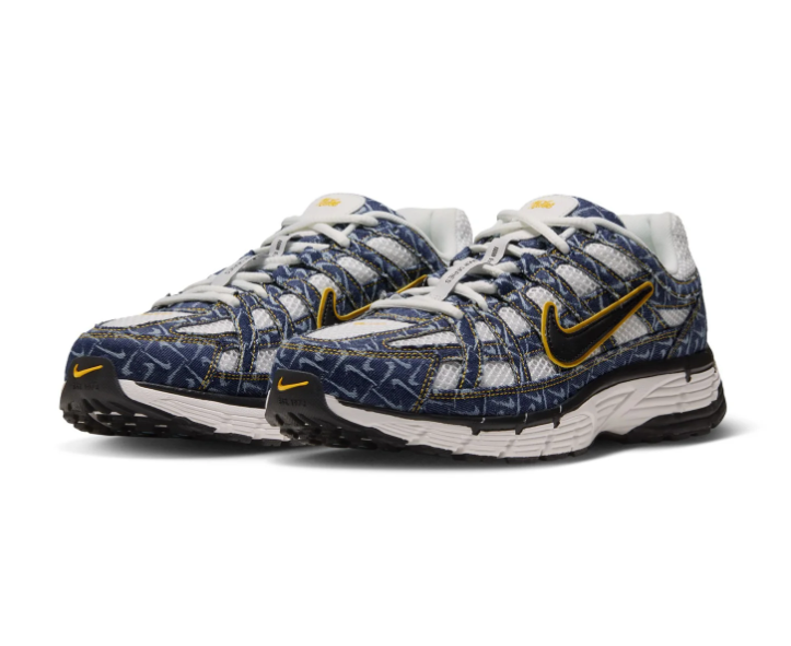 Nike P-6000 'Navy & University Gold' All-Over Swoosh Monogram Print, Gold Outlined Swoosh & White Midsole Retro Y2K Running Sneakers