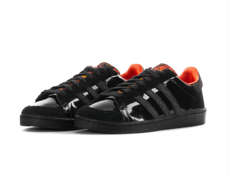 Adidas Superstar 'Triple Black & Orange' All-Black Patent Leather, Tonal Black 3-Stripes, Orange Collar Lining & Trefoil Heel Tab, Full Black Midsole Outsole Bold Streetwear Sneakers