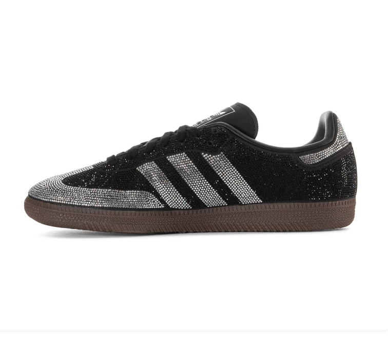 Adidas Samba OG 'Crystal Black' Full-Coverage Rhinestone Embellished Black Upper, Silver Crystal 3-Stripes, Black Round Laces, Trefoil Tongue Label & Gum Rubber Outsole Luxury Fashion Embellished Heritage Lifestyle Sneakers