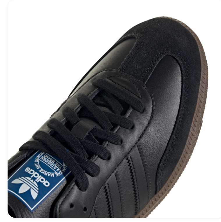 Adidas Samba OG 'Triple Black' All-Black Leather, Black Suede Toe Cap, Tonal Black 3-Stripes, Black Heel Tab, Blue OG Tongue Label & Gum Outsole Stealth Minimal Retro Football Lifestyle Sneakers