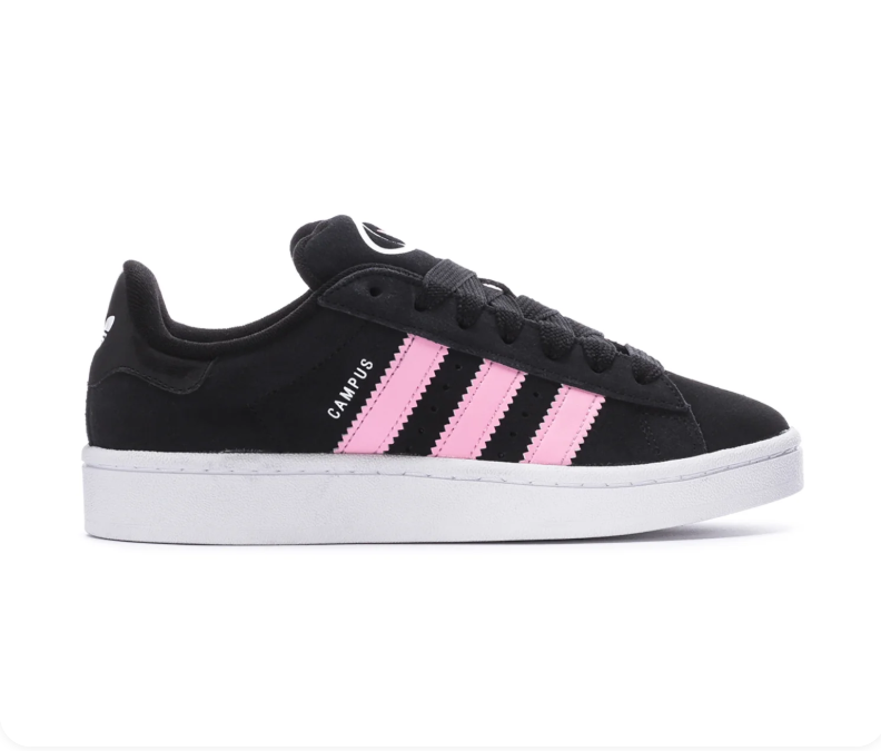 Adidas Campus 00s 'Core Black & Clear Pink' Black Suede, Pink 3-Stripes, Oval Trefoil Badge, CAMPUS Lettering, Black Heel Tab & White Cupsole Retro Y2K Lifestyle Sneakers
