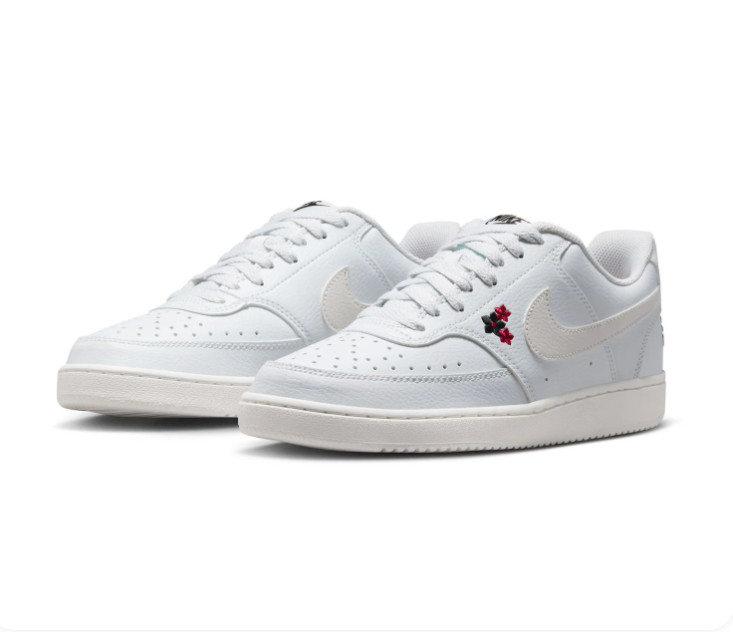 Nike Court Vision Low 'White & Floral' All-White Leather, Red & Black Flower Embroidery, White Swoosh & Clean Outsole Romantic Women's Court Sneakers