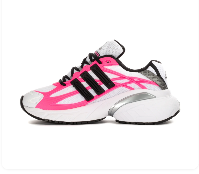 Adidas Adistar Cushion 'Cloud White & Lucid Pink' White Mesh Upper, Pink TPU Exoskeleton Frame, Black 3-Stripes, Silver Heel Accent, Black Round Laces & Chunky White EVA Midsole Bold Y2K Retro Running Lifestyle Sneakers