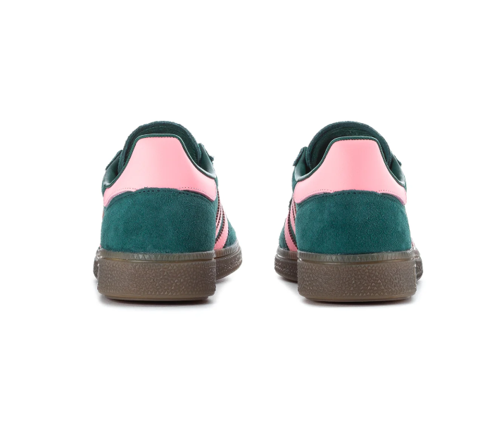 Adidas Handball Spezial 'Collegiate Green & Light Pink' Green Suede Upper, Pink 3-Stripes & Heel Collar, Green Flat Laces, Gold SPEZIAL Lettering & Gum Rubber Outsole Bold Contrast Heritage Handball Lifestyle Sneakers