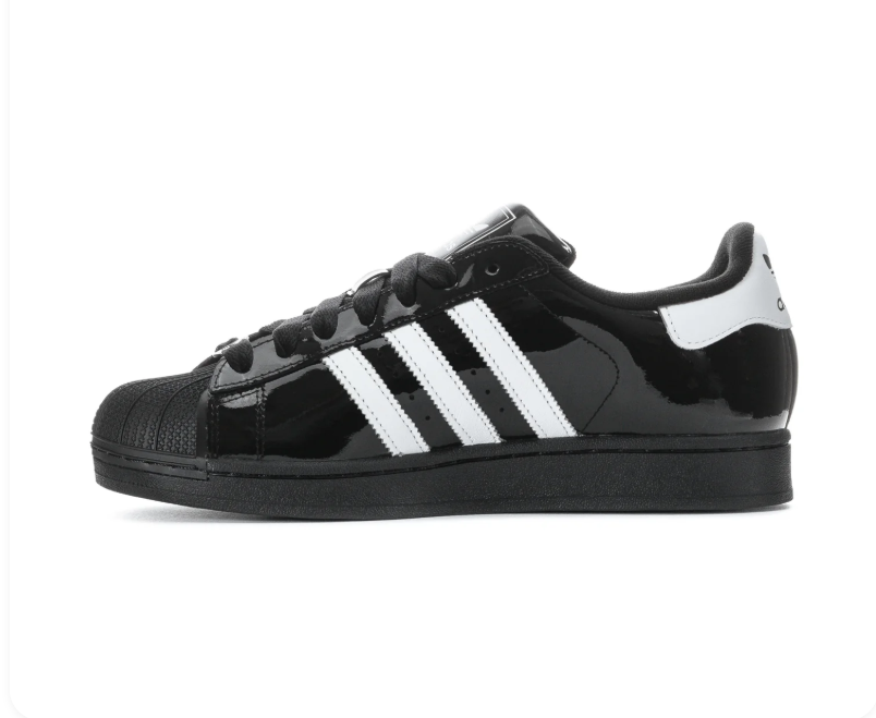 Adidas Superstar 'Core Black Patent' Glossy Black Patent Leather Upper, White 3-Stripes, Black Shell Toe, Black Flat Laces, White Heel Branding & Black Cupsole Midsole High-Gloss Luxe Retro Basketball Lifestyle Sneakers