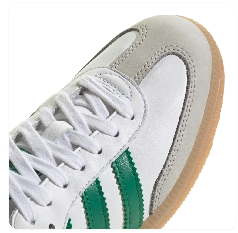Adidas Samba OG 'Cloud White & Collegiate Green' White Leather Upper, Green 3-Stripes, Grey Suede T-Toe Overlay, Green Heel Patch, Gold SAMBA Lettering & Gum Rubber Outsole Iconic Indoor Football Heritage Lifestyle Sneakers