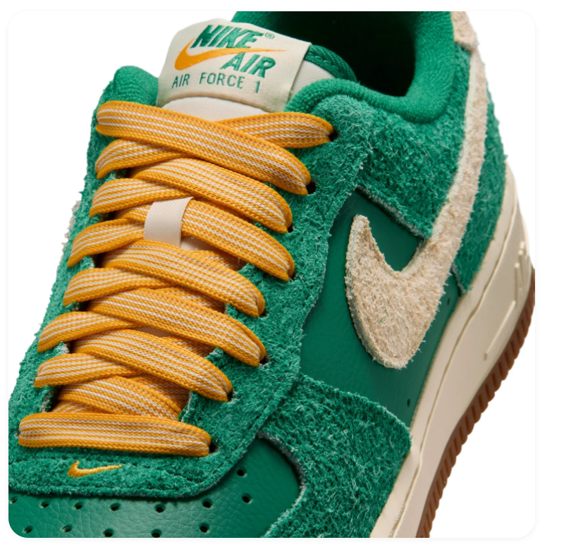 Nike Air Force 1 Low '07 LV8 'Malachite & Sail' Cracked Green Suede, Sail Swoosh, University Gold Laces & Gum Outsole Vintage AF1 Sneakers