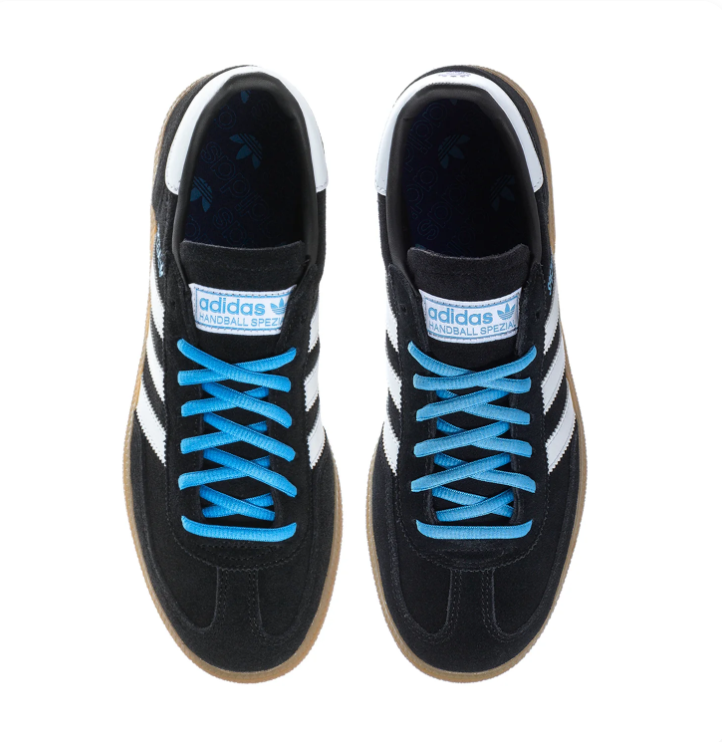 Adidas Handball Spezial 'Core Black & Bright Blue' Black Suede Upper, White 3-Stripes, White Leather Collar, Bright Blue Round Laces, Blue SPEZIAL Lettering & Gum Rubber Outsole Bold Heritage Handball Lifestyle Sneakers