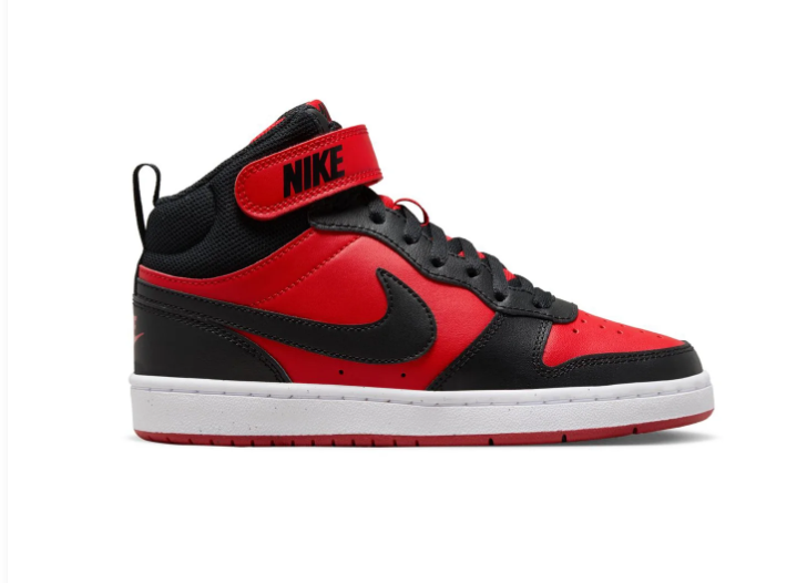 Nike Court Borough Mid 2 (GS) 'Bred' Black & University Red Leather, Black Swoosh & Velcro Ankle Strap Kids Youth Mid-Top Court Sneakers