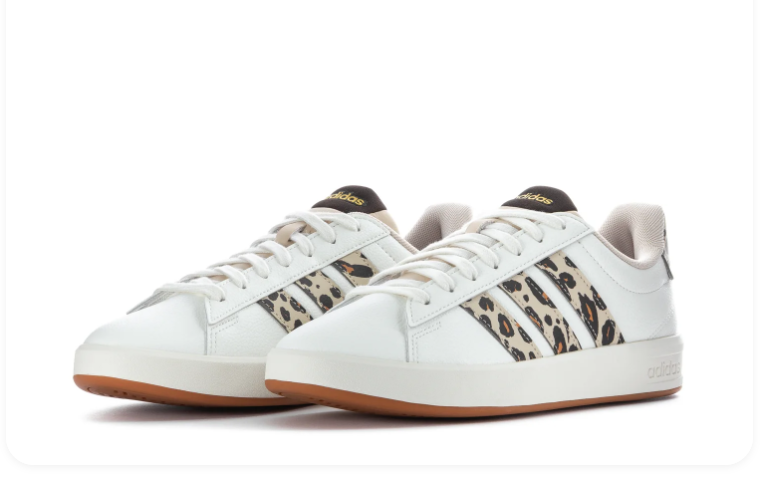 Adidas Grand Court SE 'Leopard' White Leather Upper, Leopard Print Side Panel, White 3-Stripes, Leopard Heel Tab with Gold Adidas Logo, Black Collar Lining, White Laces & Gum Outsole Animal Print Tennis Lifestyle Sneakers