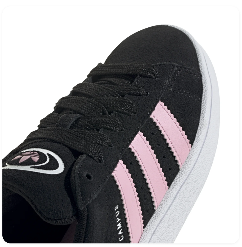 Adidas Campus 00s 'Core Black & Clear Pink' Black Suede, Pink 3-Stripes, Oval Trefoil Badge, CAMPUS Lettering, Black Heel Tab & White Cupsole Retro Y2K Lifestyle Sneakers