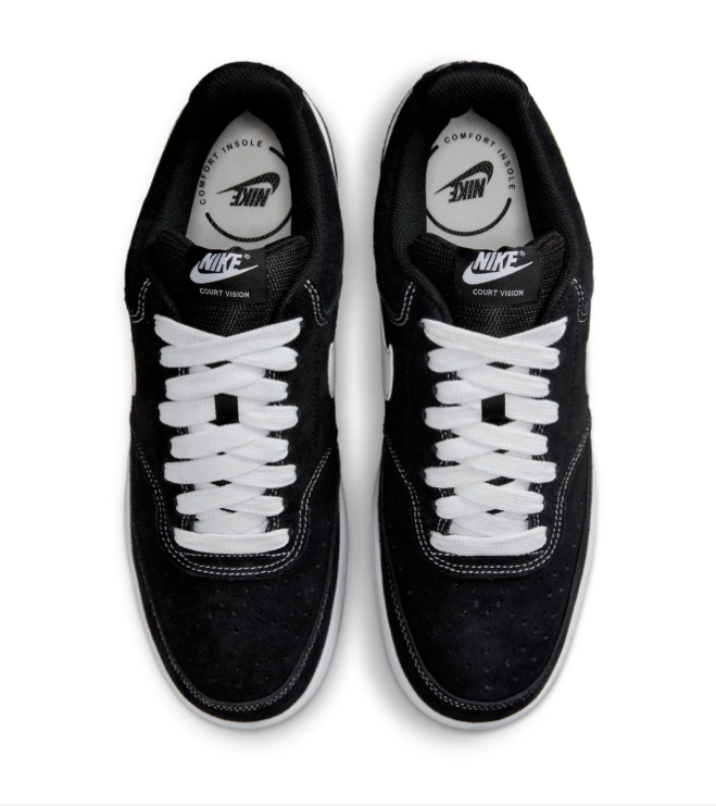 Nike Court Vision Low 'Black & White' All-Black Perforated Suede, White Swoosh & Contrast Stitch Court Sneakers