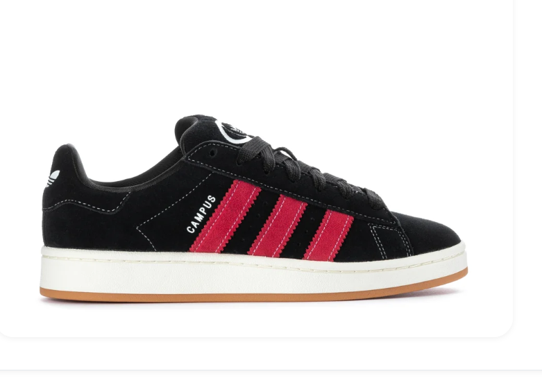 Adidas Campus 00s 'Core Black & Better Scarlet' Black Suede, Scarlet Red 3-Stripes, White Contrast Stitching, Oval Trefoil Badge, CAMPUS Lettering, White Trefoil Heel Tab, Cream Midsole & Gum Outsole Bold Y2K Street Style Sneakers