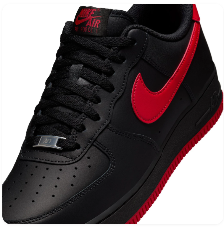 Nike Air Force 1 Low '07 'Black & University Red' Bred All-Black Leather, Red Swoosh, Red Collar Lining, AF1 Metal Dubraes & Full Red Outsole Bold Streetwear Sneakers