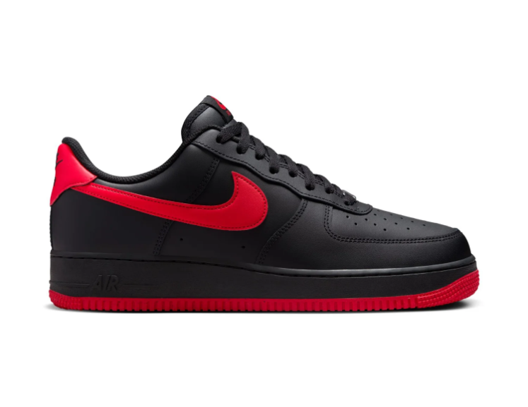 Nike Air Force 1 Low '07 'Black & University Red' Bred All-Black Leather, Red Swoosh, Red Collar Lining, AF1 Metal Dubraes & Full Red Outsole Bold Streetwear Sneakers